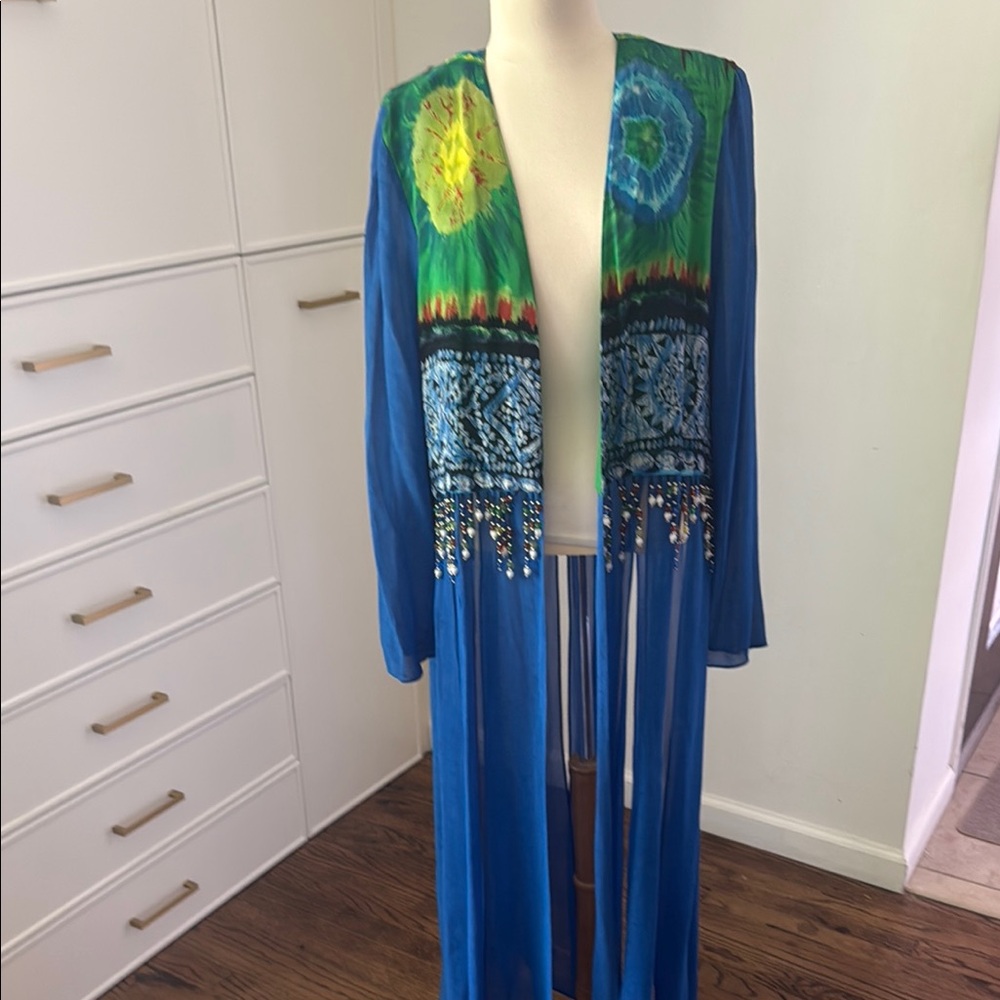 Vintage Dorothy Schoelen Platinum beaded tassel Tie-Dye Long Kimono.